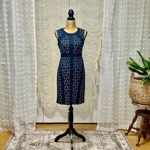 Donna Morgan Navy Geometric Print Sheath Dress – Size 2P Petite